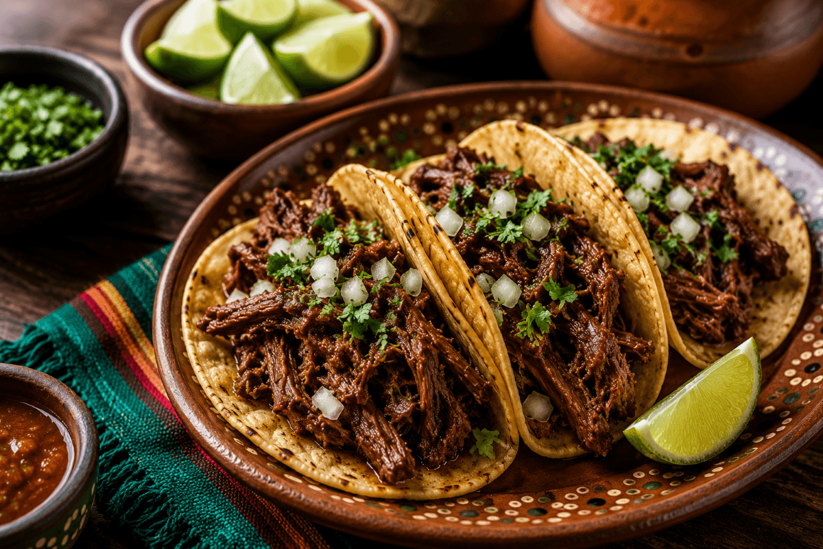 Barbacoa tacos with shredded beef, chopped onion, cilantro, and lime wedges on a rustic ceramic plate