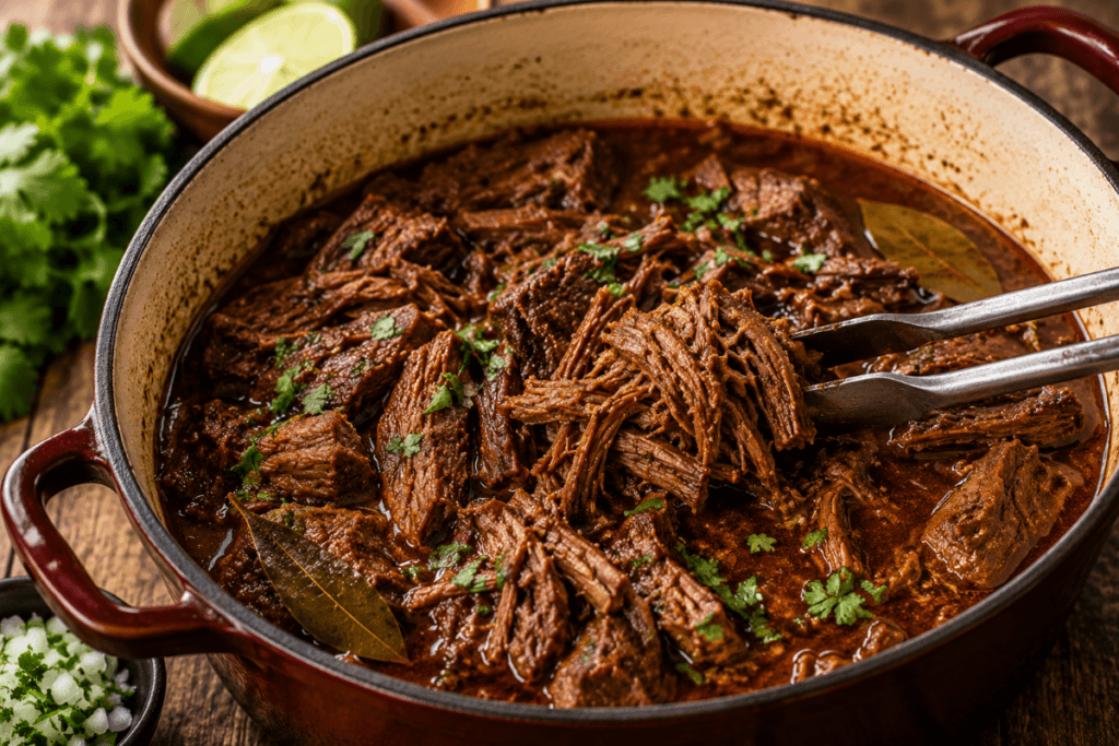 Barbacoa beef slow cooking in a Dutch oven with rich chile broth and shredded tender meat