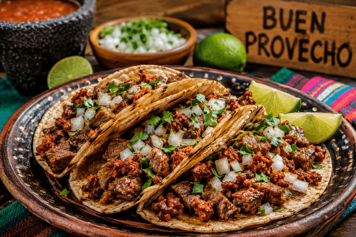 Campechano tacos filled with juicy steak and smoky Mexican chorizo topped with chopped onion and cilantro on a rustic plate with lime wedges and salsa in warm natural light.