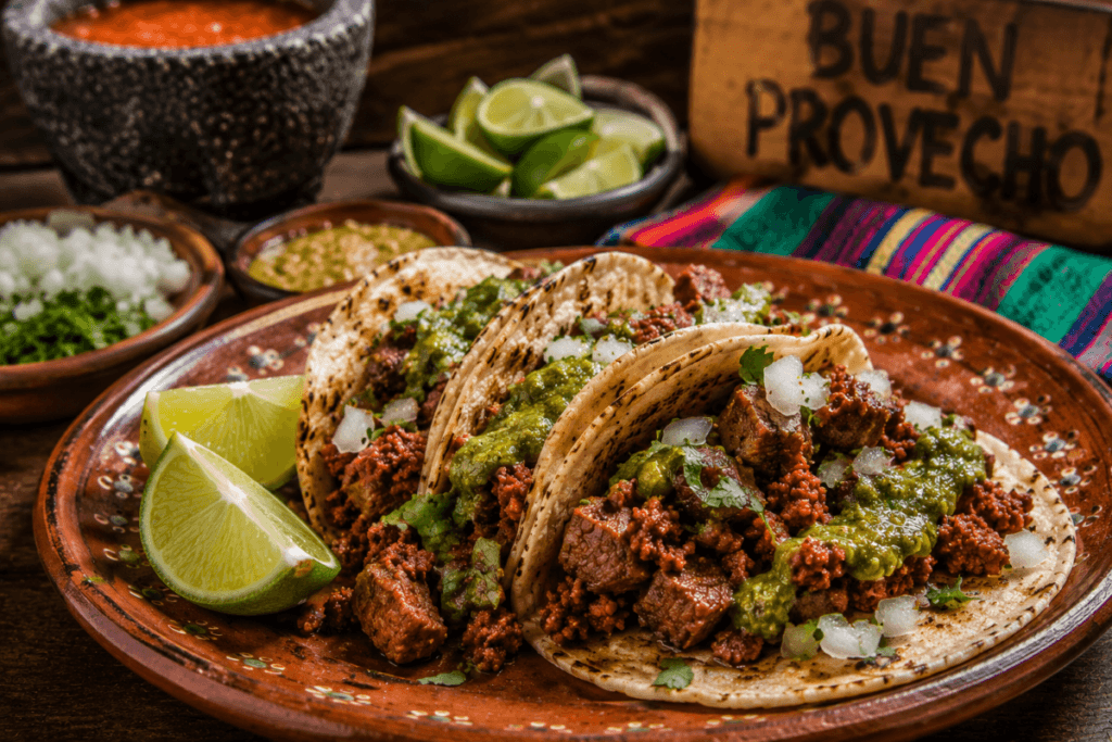 Finished Campechano tacos topped with steak, Mexican chorizo, onion, cilantro, and salsa served on a rustic ceramic plate with lime wedges in warm natural light.