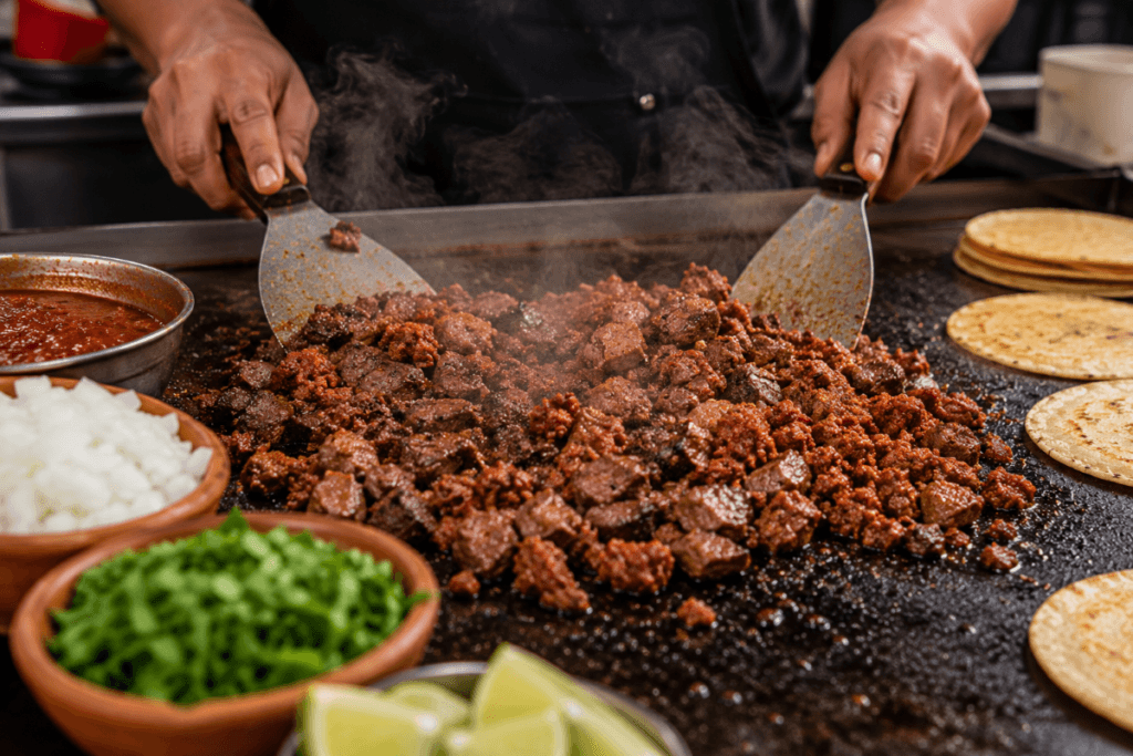 Steak and Mexican chorizo cooking on a hot flat-top griddle with tortillas warming nearby and fresh cilantro, onion, salsa, and lime in a rustic kitchen setting.