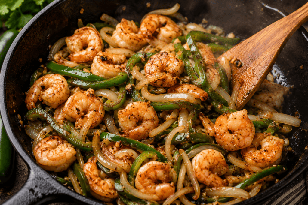 Shrimp, poblano peppers, and onions sizzling in a cast iron skillet while cooking the filling for Tacos Gobernador.