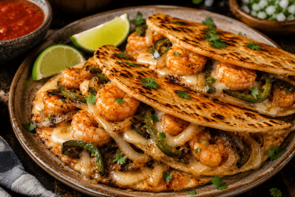 Final plated Tacos Gobernador with crispy flour tortillas, melted cheese, shrimp, poblano peppers, and onions served with lime wedges and salsa on a rustic plate.