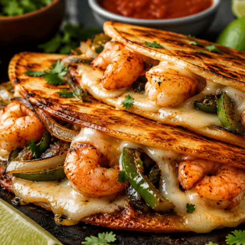Golden crispy Tacos Gobernador filled with shrimp, melted Oaxaca cheese, poblano peppers, and onions on a rustic plate with lime wedges and fresh cilantro.