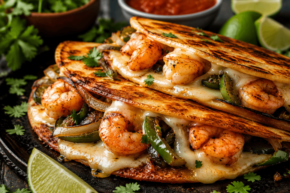 Golden crispy Tacos Gobernador filled with shrimp, melted Oaxaca cheese, poblano peppers, and onions on a rustic plate with lime wedges and fresh cilantro.