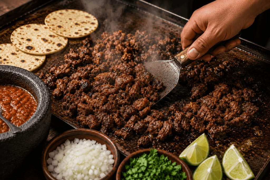 Chopped suadero beef sizzling on a hot flat-top griddle with crispy browned edges, tortillas warming nearby, and bowls of salsa, onion, cilantro, and lime wedges surrounding the cooking station.
