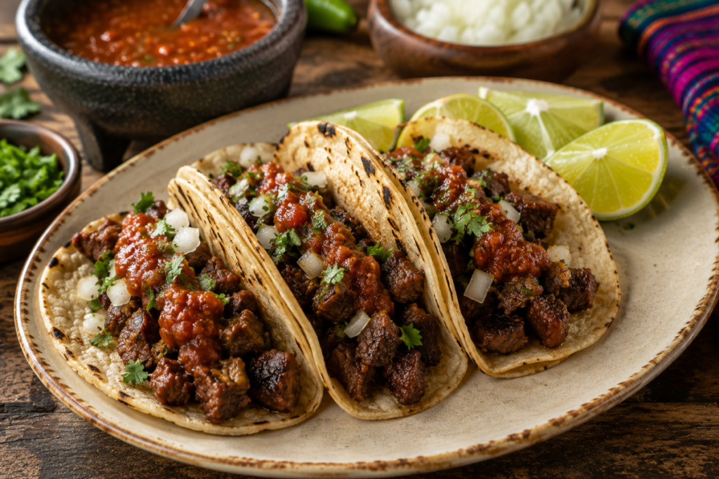 Final plated suadero tacos served on lightly charred corn tortillas with crispy beef, salsa roja, diced onion, cilantro, and lime wedges on a rustic ceramic plate.