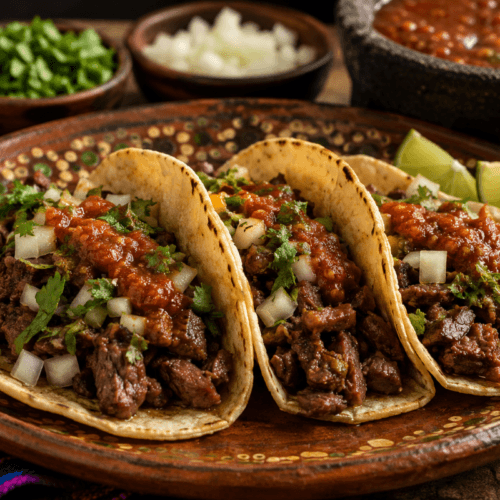 Suadero tacos on warm corn tortillas topped with salsa roja, diced onion, and cilantro, served on a rustic ceramic plate with lime wedges and molcajete salsa in the background.