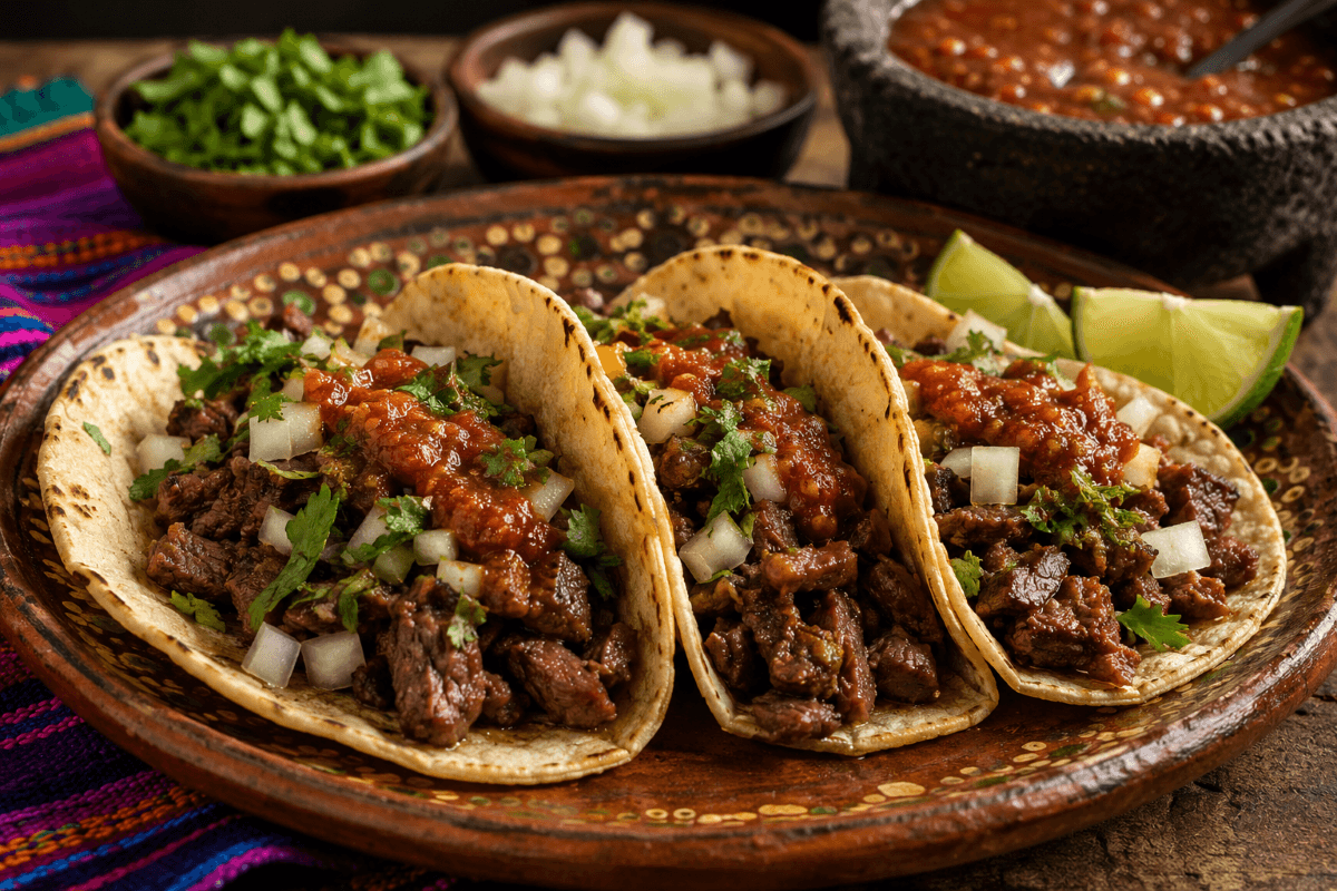 Suadero tacos on warm corn tortillas topped with salsa roja, diced onion, and cilantro, served on a rustic ceramic plate with lime wedges and molcajete salsa in the background.