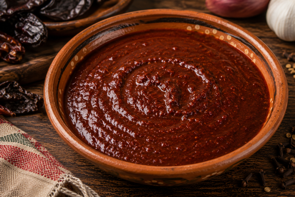 Rich red adobo sauce made with ancho chiles in a rustic bowl