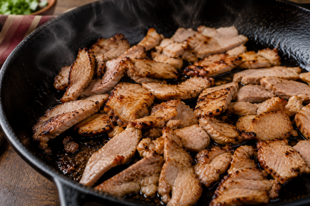 Thin slices of marinated pork cooking in a cast iron skillet until lightly charred for authentic Tacos Árabes, with crispy edges and a juicy center.