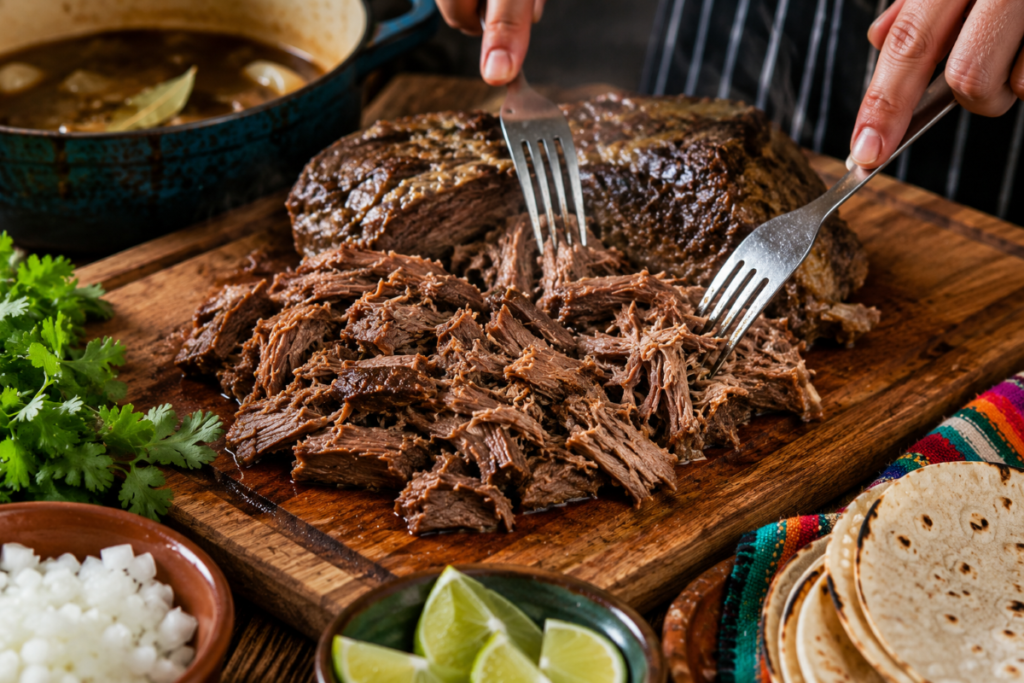 Slow-cooked cabeza beef being shredded on a rustic wooden cutting board with warm tortillas, cilantro, onion, and lime for authentic Mexican tacos.