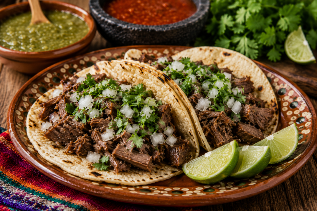 Authentic cabeza tacos made with slow-cooked beef cheek meat topped with diced onion and cilantro, served with lime wedges and homemade salsa.