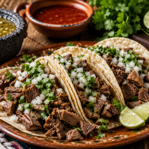 Authentic cabeza tacos made with slow-cooked beef cheek meat topped with diced onion and cilantro, served with lime wedges and salsa on a rustic ceramic plate