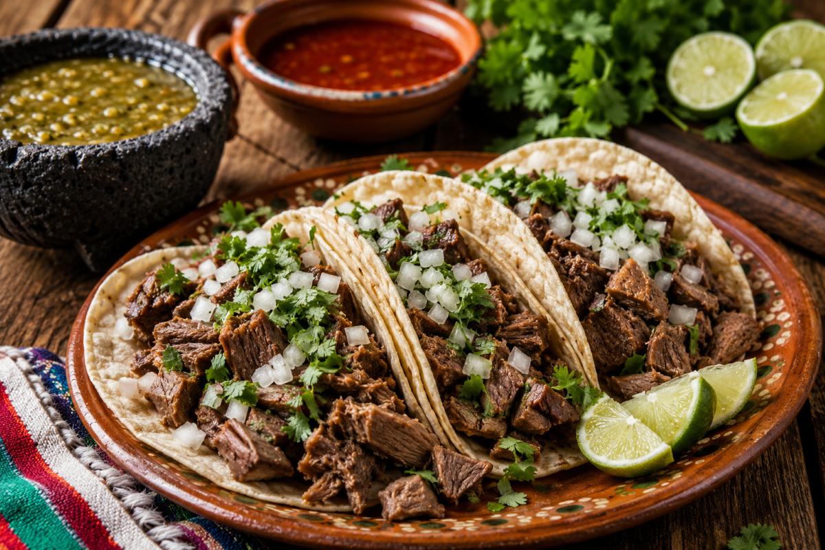 Authentic cabeza tacos made with slow-cooked beef cheek meat topped with diced onion and cilantro, served with lime wedges and salsa on a rustic ceramic plate
