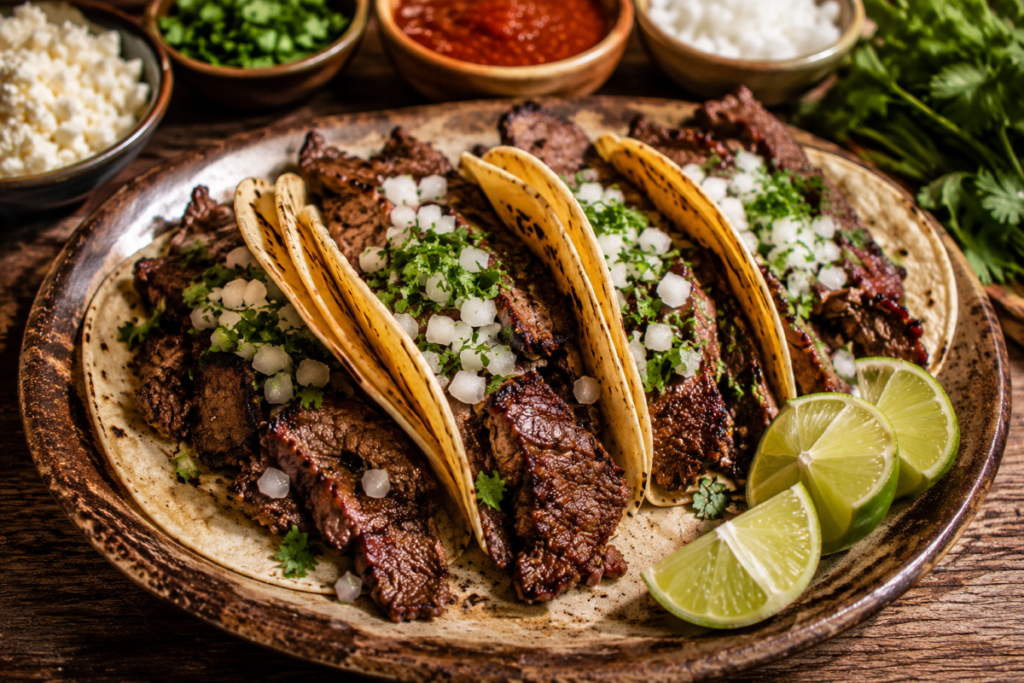 Plated cecina tacos made with smoky salt-cured beef, charred corn tortillas, diced white onion, fresh cilantro, and lime wedges served on a rustic ceramic platter.