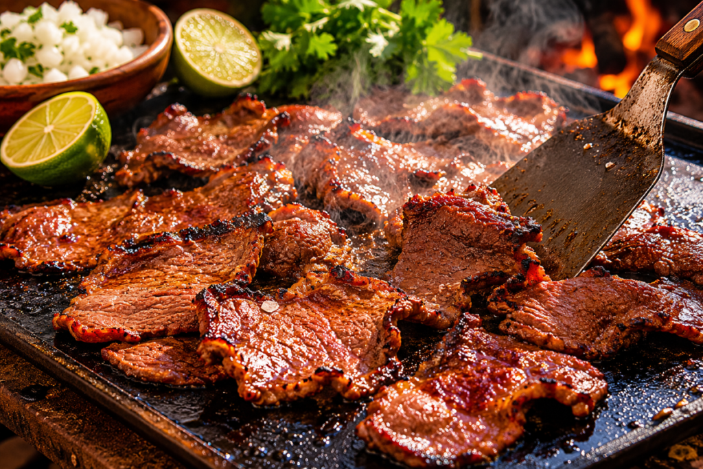 Cecina beef sizzling on a hot comal with smoky charred edges, fresh cilantro, onion, and lime nearby during the cooking process.