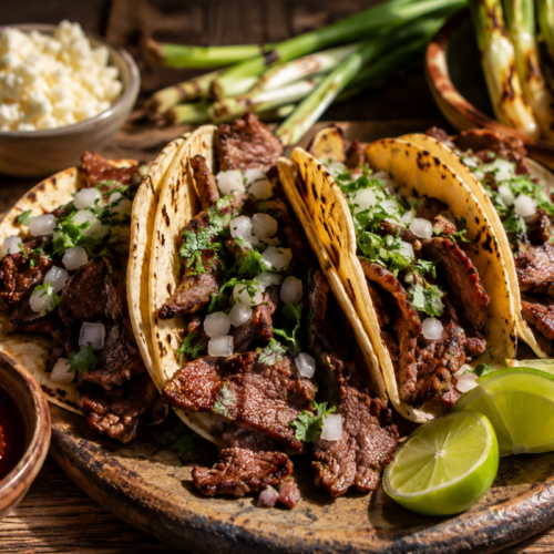 Authentic cecina tacos made with smoky salt-cured beef, diced white onion, fresh cilantro, salsa roja, queso fresco, and lime wedges served on a rustic wooden table.