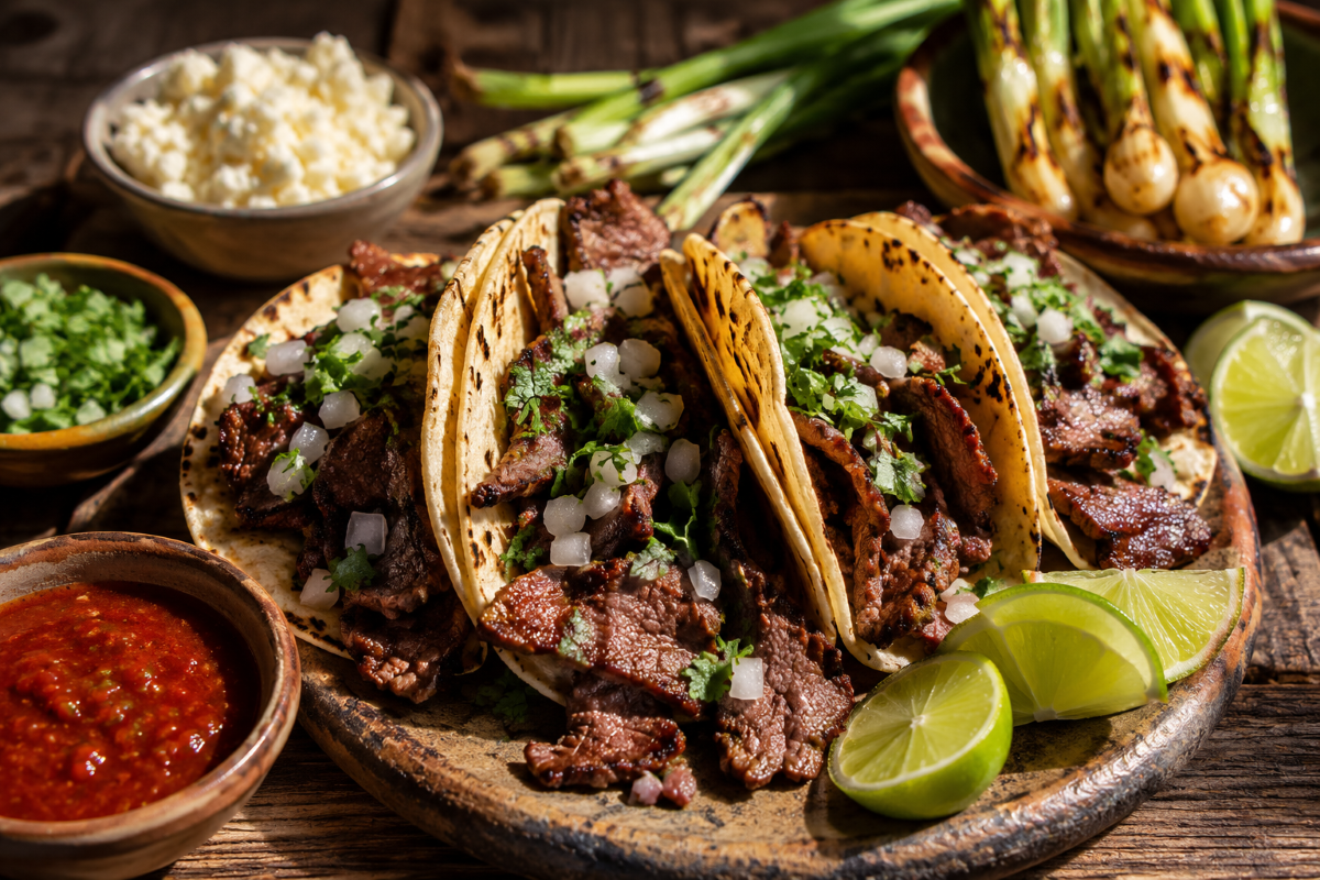 Authentic cecina tacos made with smoky salt-cured beef, diced white onion, fresh cilantro, salsa roja, queso fresco, and lime wedges served on a rustic wooden table.