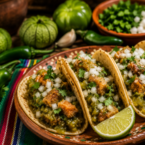 Authentic chicharrón en salsa verde tacos served on warm corn tortillas, topped with diced white onion and fresh cilantro, with lime wedges, tomatillos, serrano peppers, and fresh herbs on a rustic wooden table.