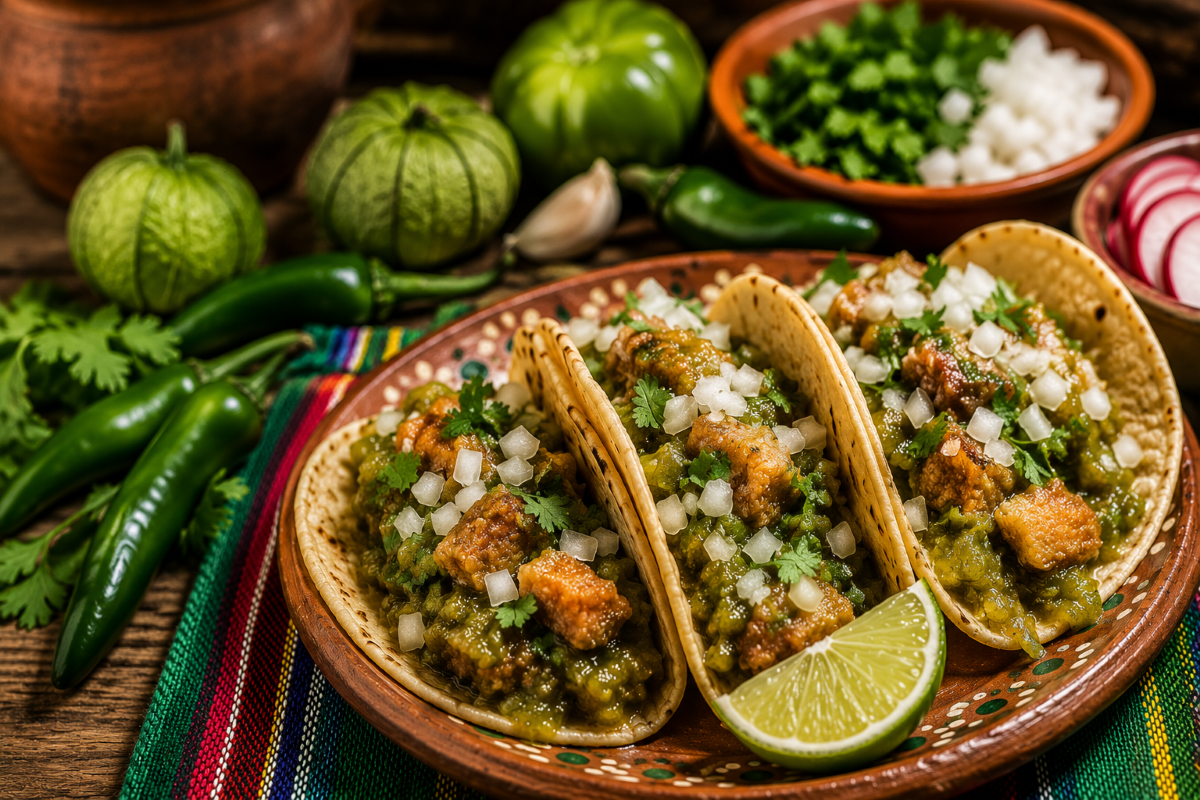 Authentic chicharrón en salsa verde tacos served on warm corn tortillas, topped with diced white onion and fresh cilantro, with lime wedges, tomatillos, serrano peppers, and fresh herbs on a rustic wooden table.