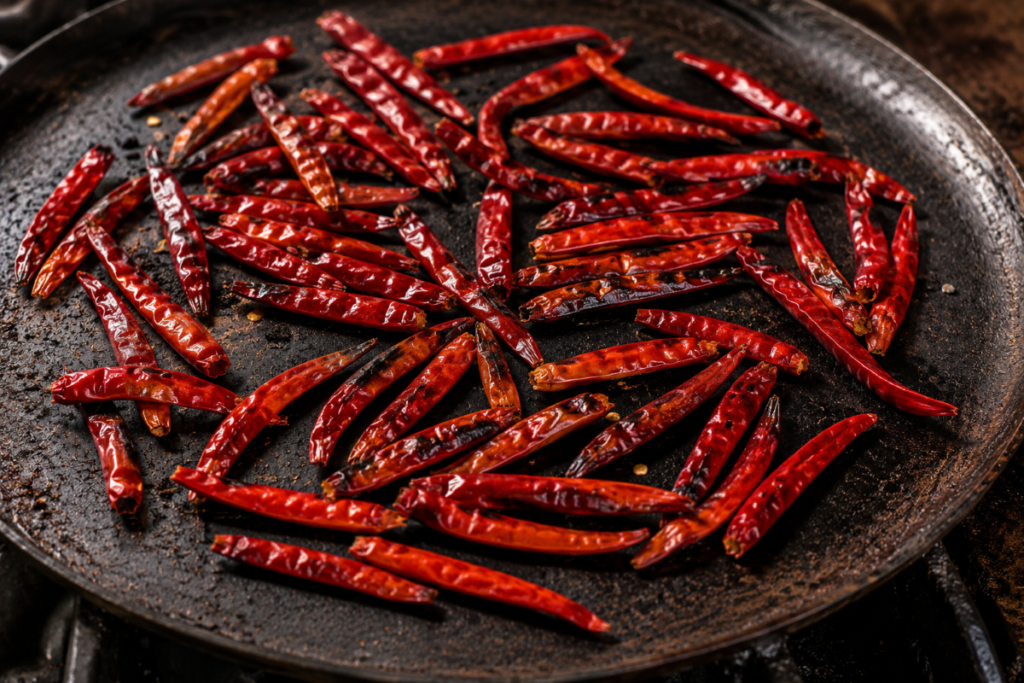 Chile de árbol peppers toasting on a hot comal for homemade Mexican salsa