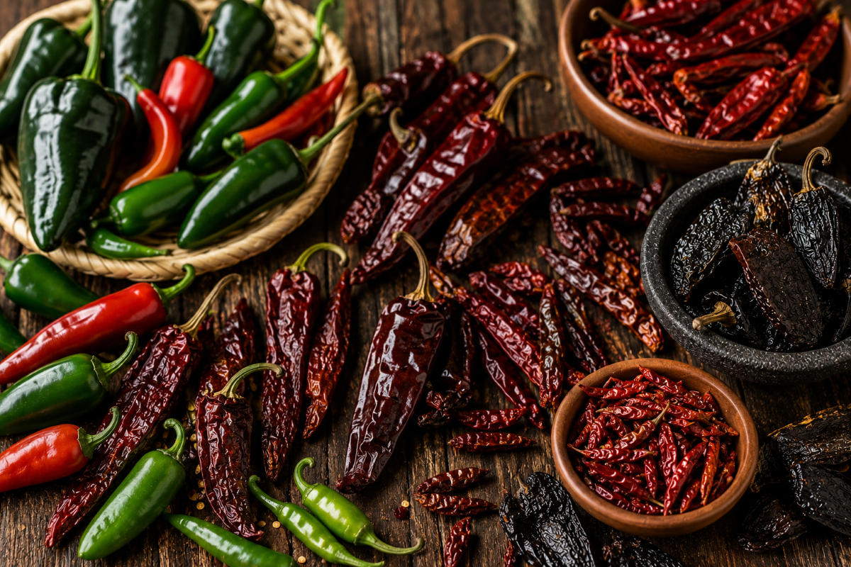 Fresh and dried Mexican chiles arranged on a rustic wooden table, including jalapeños, guajillos, chipotles, and chile de árbol peppers