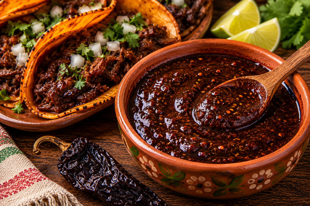 Dark Mexican chile sauce made with pasilla chiles served beside tacos