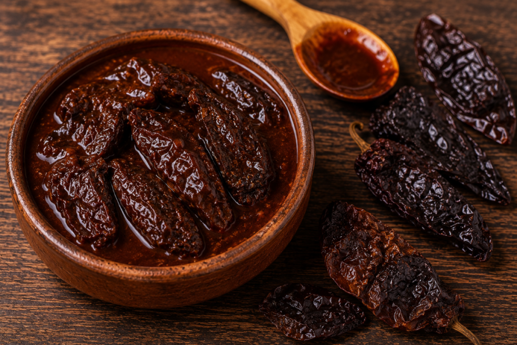 Chipotle chiles and adobo sauce on a rustic wooden table for Mexican cooking