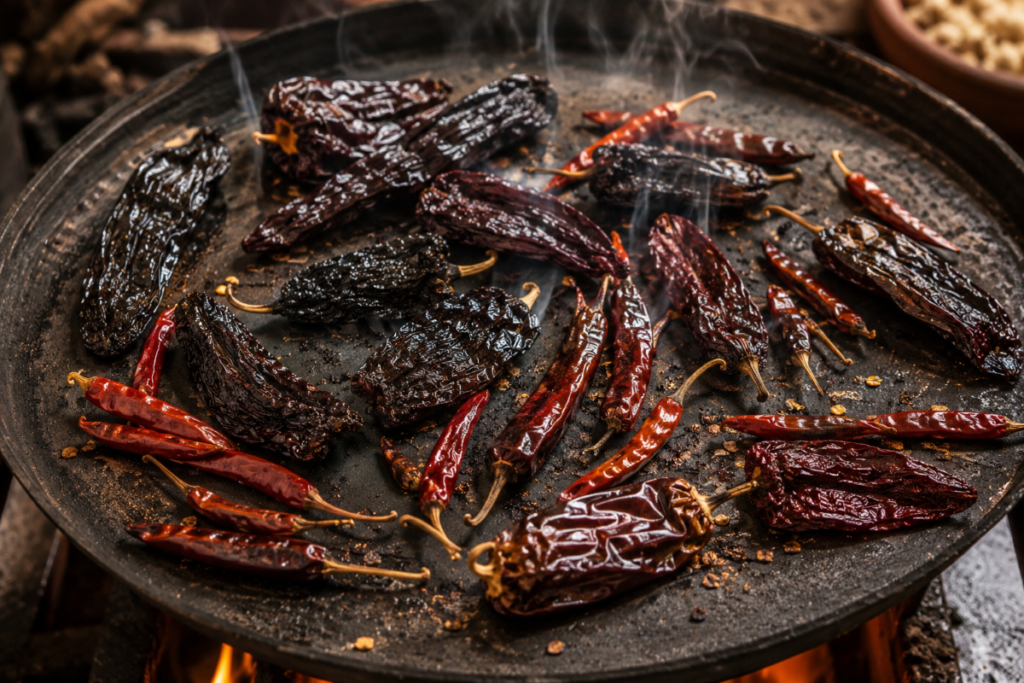 Dried Mexican chiles toasting on a hot comal before being used in salsa and sauce recipes