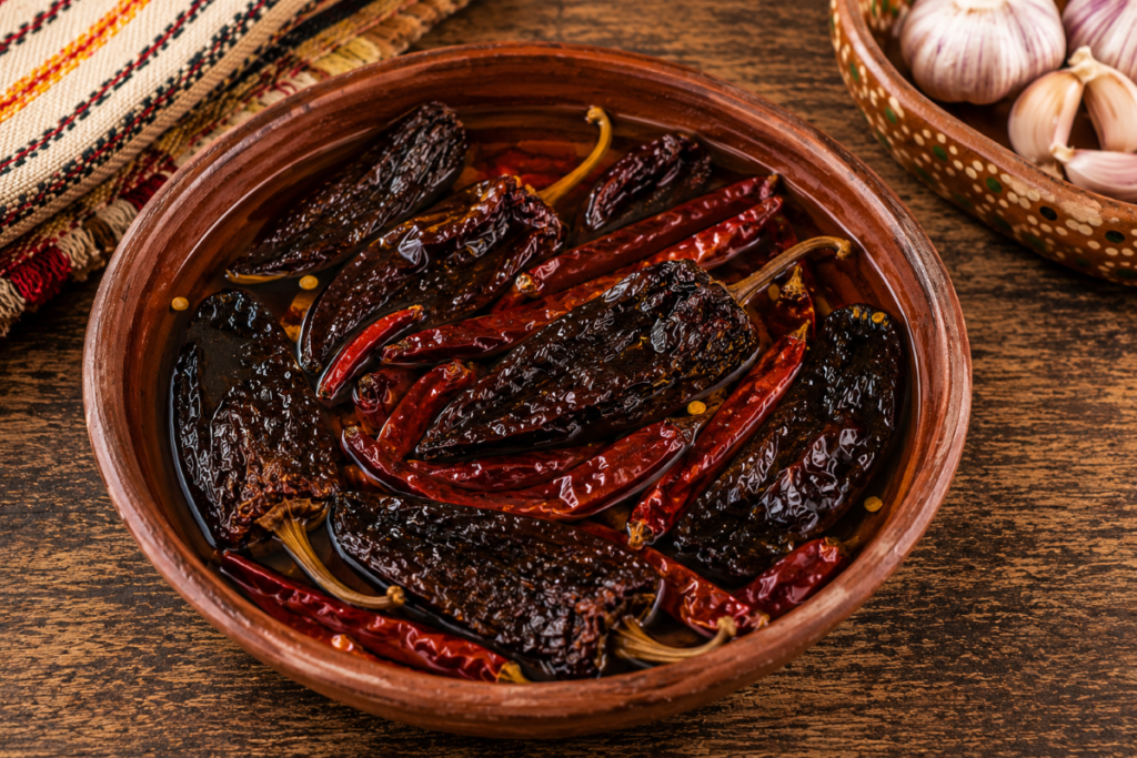 Dried Mexican chiles soaking in warm water to soften before blending into salsa and sauce recipes