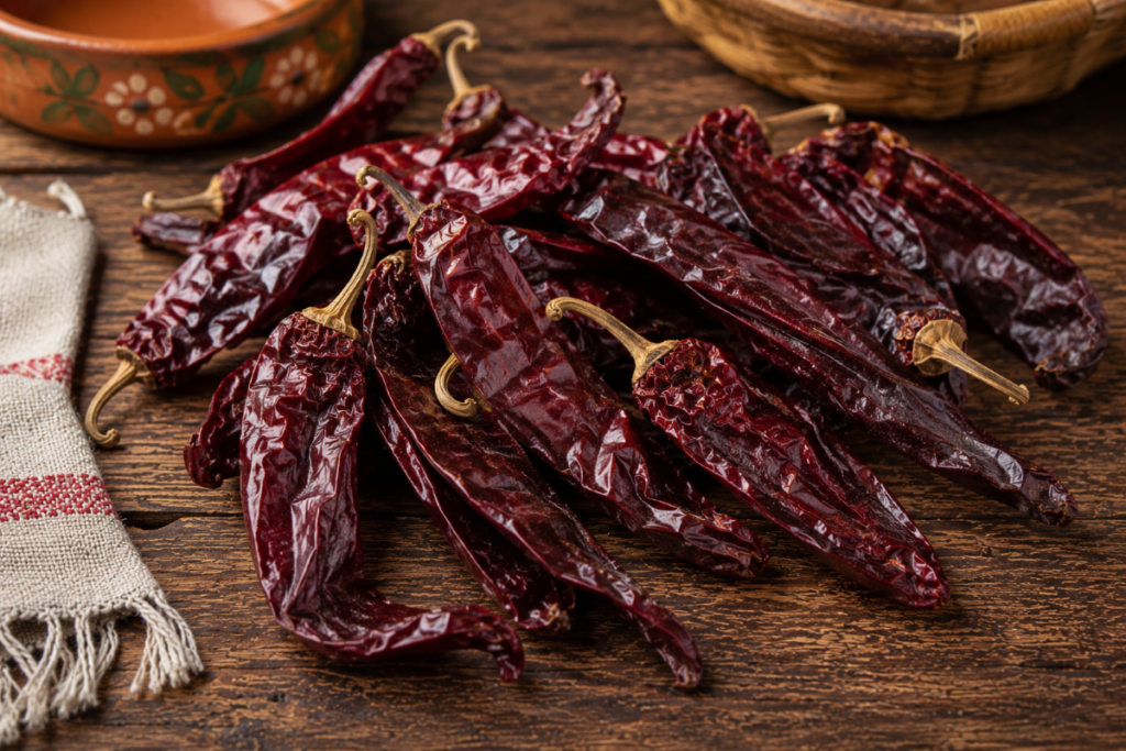 Dried guajillo chiles arranged on a rustic wooden table for traditional Mexican cooking