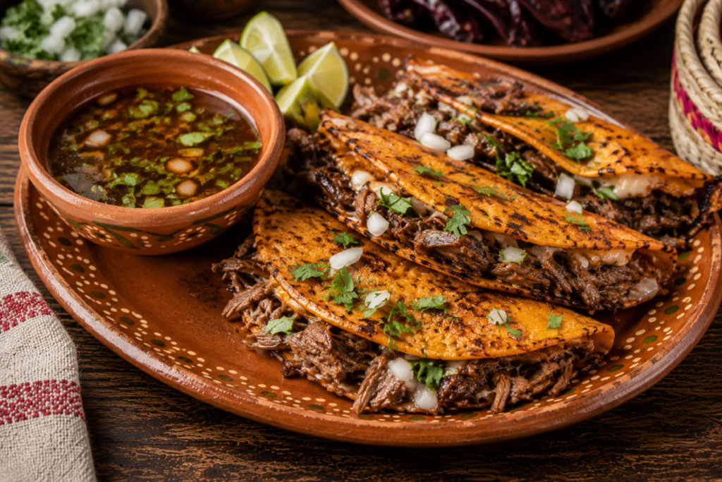 Birria tacos served with rich consommé made with guajillo chiles