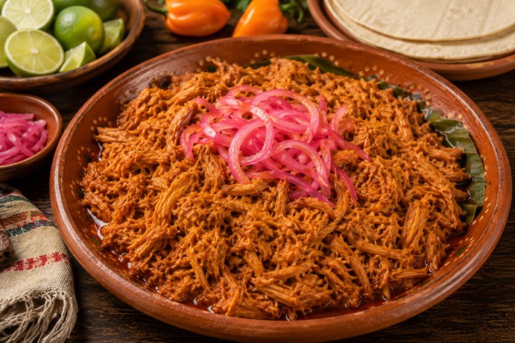 Traditional cochinita pibil topped with pickled red onions and habanero salsa