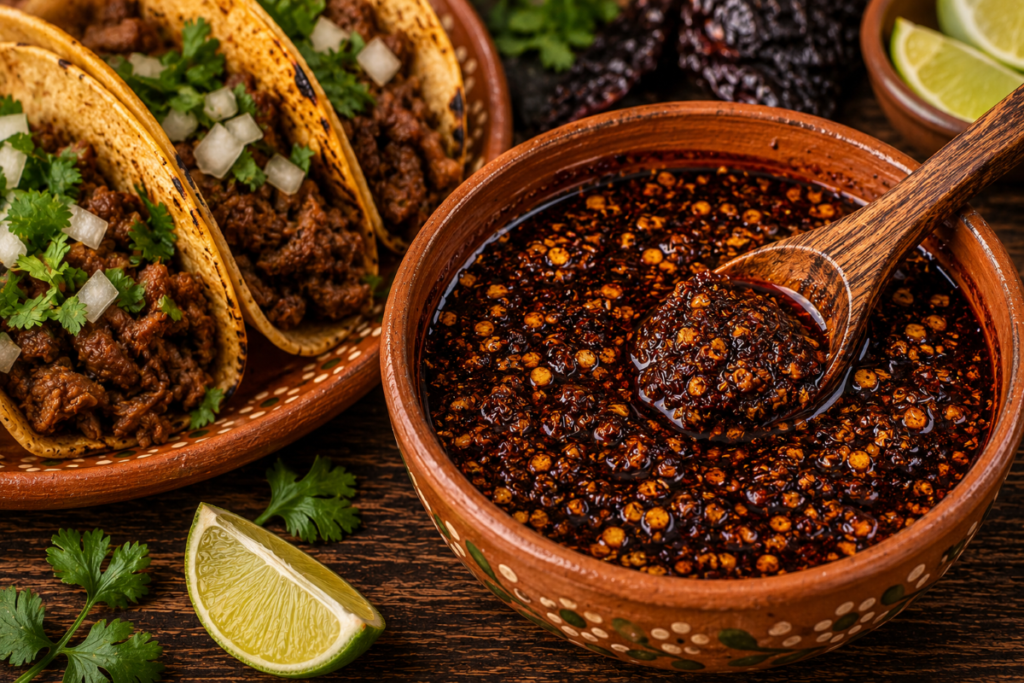 Traditional Salsa Macha made with morita chiles served beside tacos
