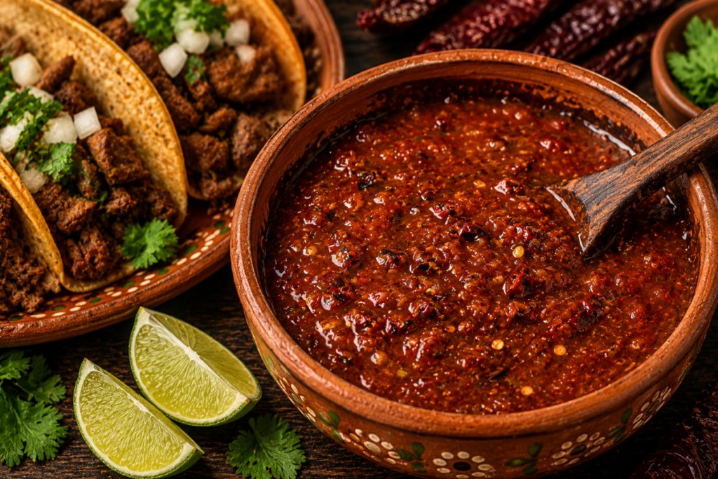 Salsa Roja Taquera made with chile de árbol served beside tacos