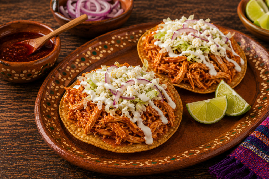 Tostadas de Tinga topped with shredded chicken in chipotle tomato sauce