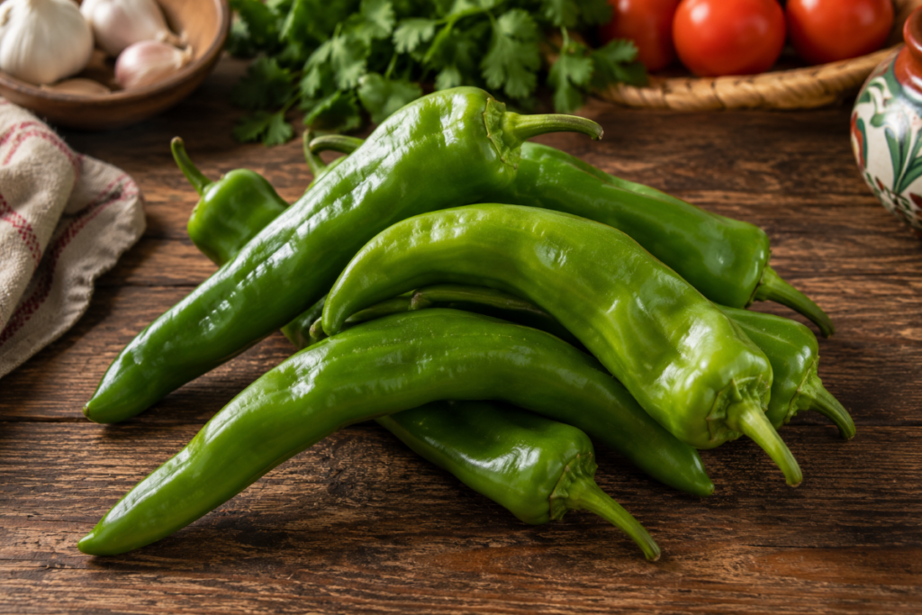 Fresh Anaheim chile peppers on a rustic wooden surface used in mild Mexican cooking