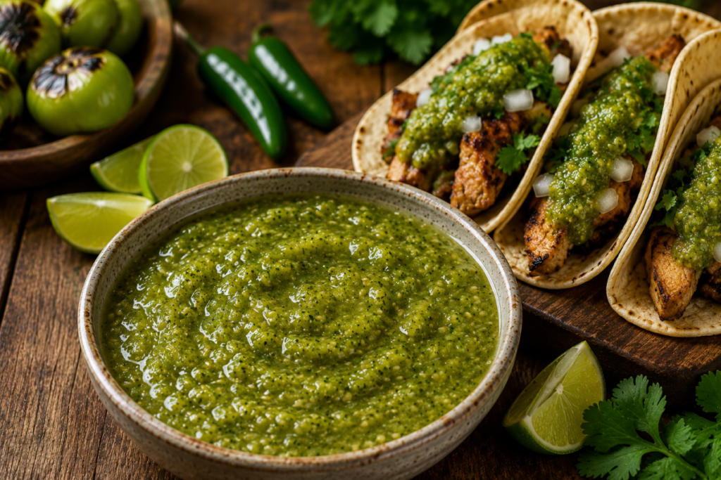 Roasted green serrano salsa served with tacos on a rustic wooden table
