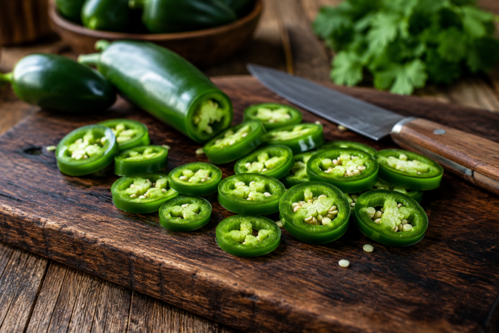 Fresh jalapeño peppers sliced on a rustic wooden cutting board for Mexican cooking