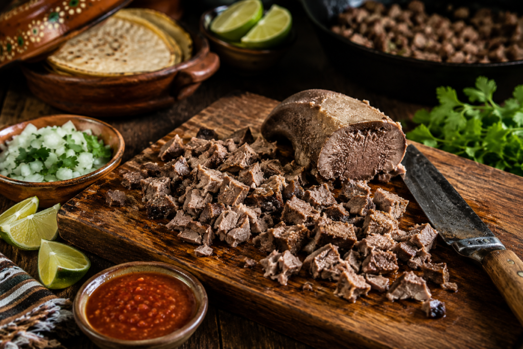 Tender cooked beef tongue being chopped on a rustic wooden cutting board for authentic lengua tacos