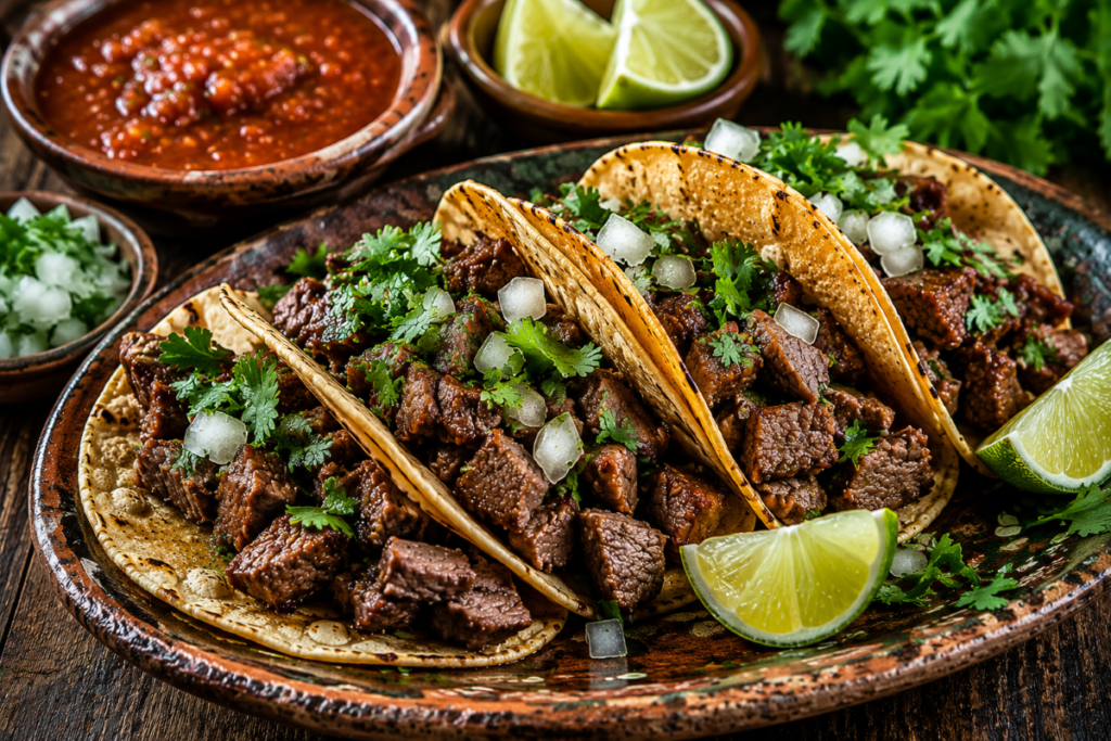 Authentic lengua tacos topped with diced onion and fresh cilantro served with lime wedges and salsa on a rustic ceramic plate