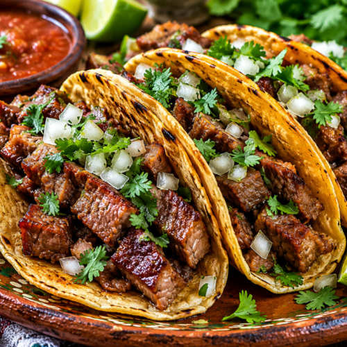 Authentic lengua tacos topped with onion and cilantro served with salsa and lime on a rustic wooden table.