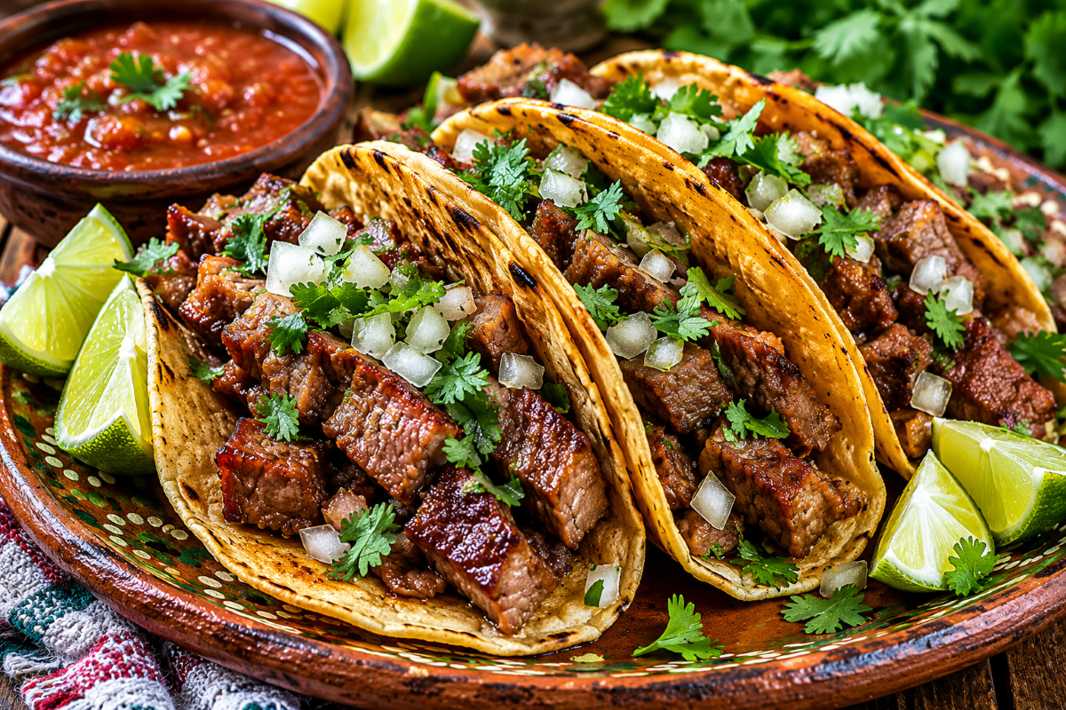 Authentic lengua tacos topped with onion and cilantro served with salsa and lime on a rustic wooden table.