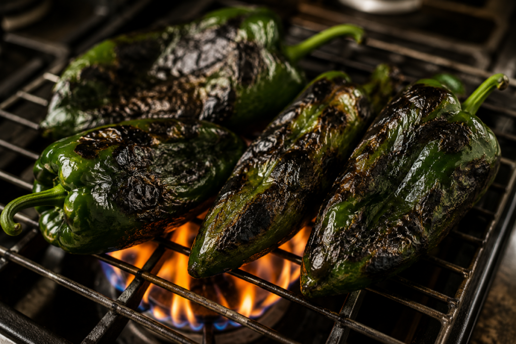 Poblano peppers roasting over an open flame to develop smoky flavor for Mexican recipes