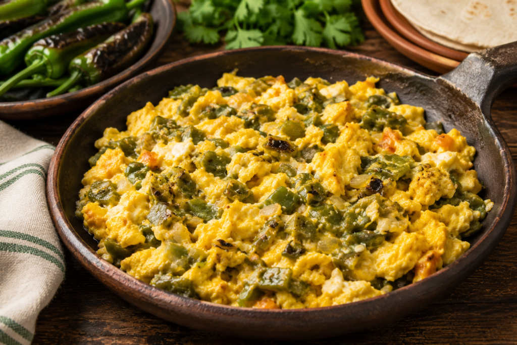 Roasted Anaheim chile mixture folded into eggs for a traditional Mexican breakfast