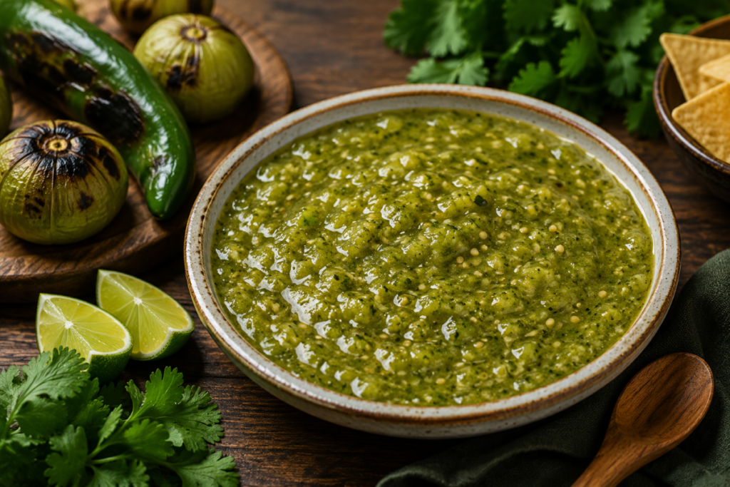 Roasted salsa verde made with jalapeños, tomatillos, garlic, and onion served in a rustic bowl