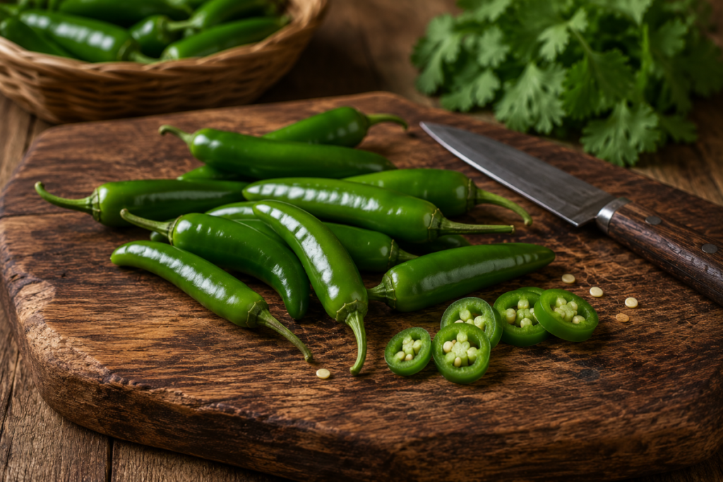 Fresh serrano chile peppers on a rustic wooden cutting board used for homemade Mexican salsa