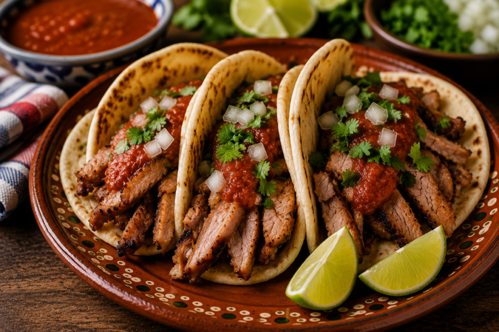 Authentic Tacos Árabes served on warm pan árabe with charred marinated pork, smoky chipotle salsa, diced white onion, fresh cilantro, and lime wedges on a rustic ceramic plate.