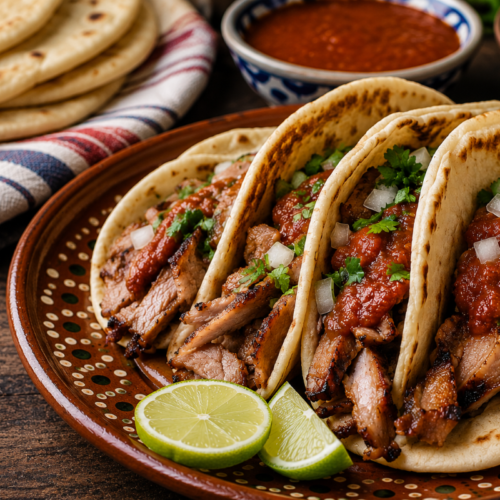 Authentic Tacos Árabes made with marinated grilled pork served in warm pan árabe, topped with smoky chipotle salsa, diced white onion, and fresh cilantro on a rustic ceramic plate with lime wedges.